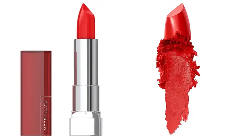 A photo of Maybelline New York Color Sensational Satin Lipstick in the shade On Fire Red.