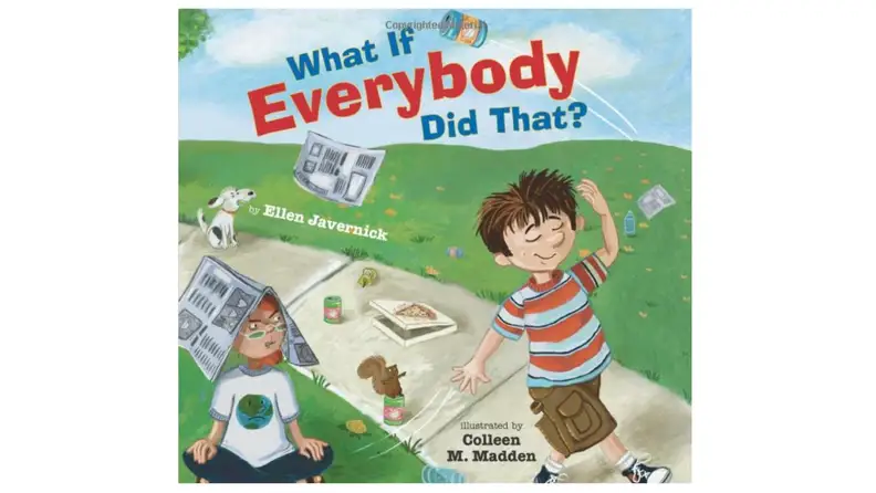 Illustration of a little boy throwing garbage all over the sidewalk