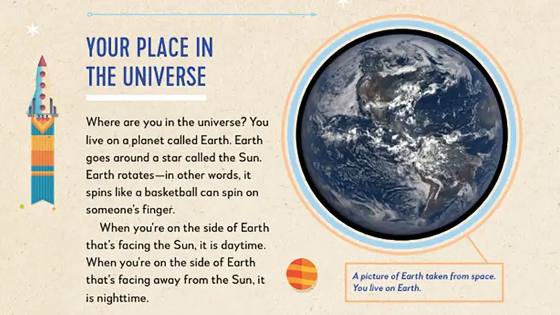 A book page that shows the Earth with the title "your place in the Universe"