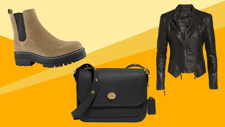 Brown boots, a black bag and a black jacket on yellow background
