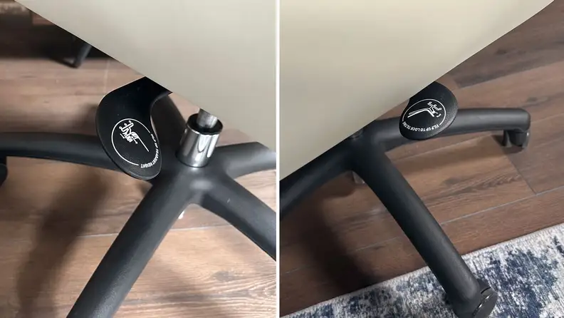 The left half of this photo is a close-up of the Eureka Royal's chair height toggle. The right half of the photo is a close-up of its backrest toggle.