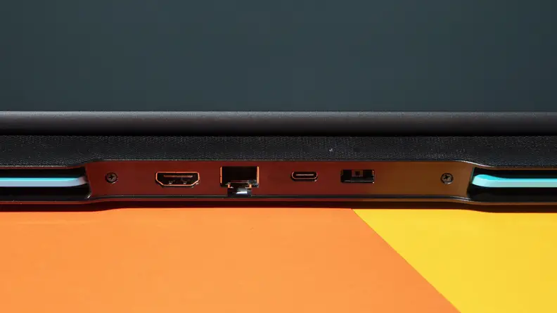 A close up of connectivity ports on the backside of a laptop