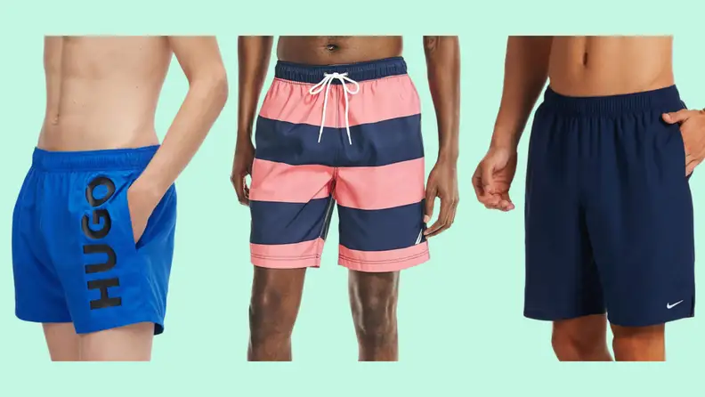 Three men's swimsuits: One in blue, one striped with pink and blue, and one in dark blue.