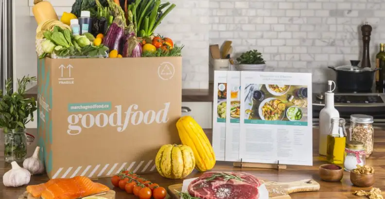 The GoodFood meal kit contents laid out on a table.