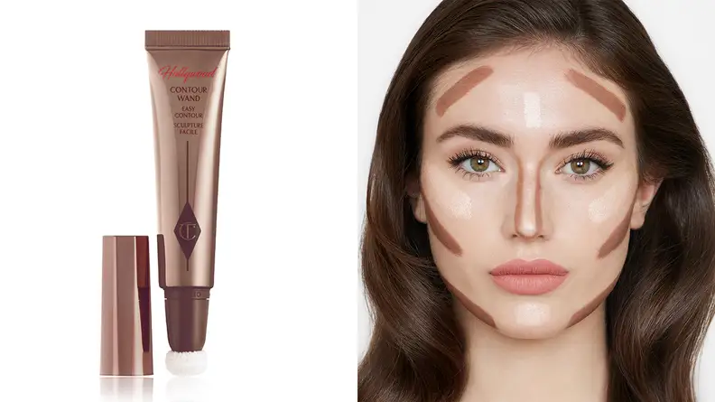 On the left: The Charlotte Tilbury Hollywood Contour Wand stands on a white background with the cap off of it to reveal the sponge applicator. On the right: A person wearing makeup stares at the camera with swatches fo the Charlotte Tilbury Hollywood Contour Wand formula on their face where you should apply contour.