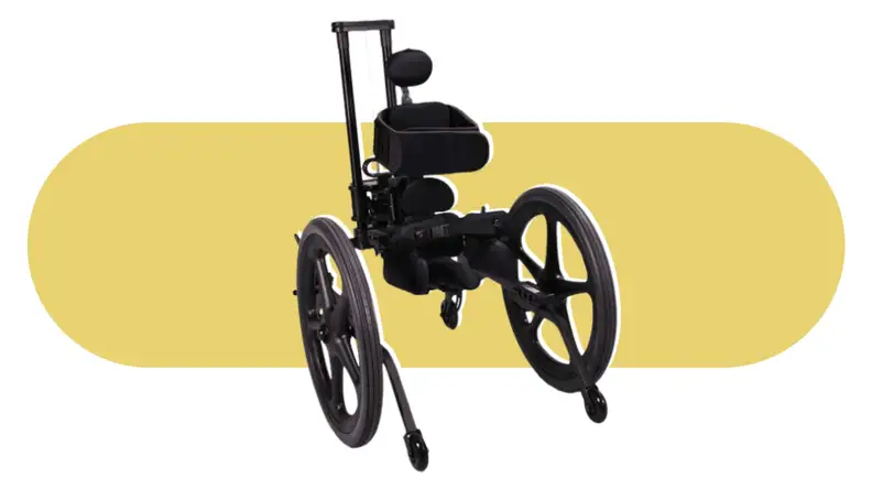 A black KidWalk gait trainer on a yellow background