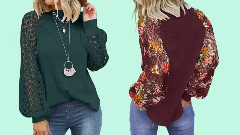 A shirt with lace sleeves, seen in green and also burgundy with printed lace sleeves.