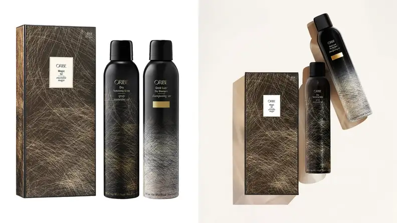 Two side by side product shots of the black and gold colored Oribe Gold Lust Dry Shampoo.