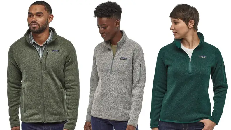 Man wearing a green Patagonia sweater; woman wearing a gray fleece sweater; woman wearing a green fleece sweater