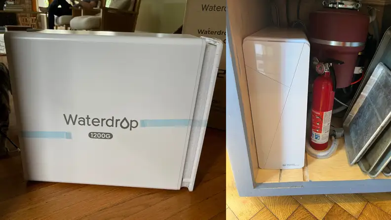 The Waterdrop RO system on a counter and under the sink
