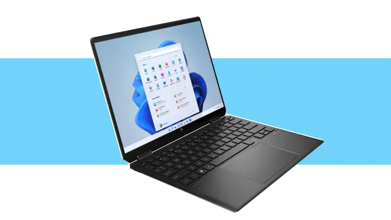 The HP Spectre x360 on a blue background.