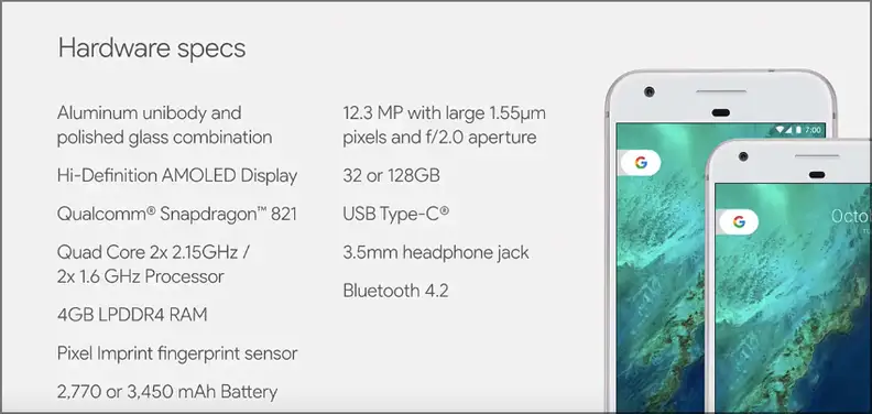 Google Pixel and Pixel XL Specs