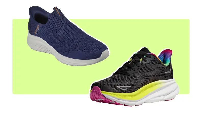 Clifton 9 and Ultra Flex shoes pictured together on a green and white background