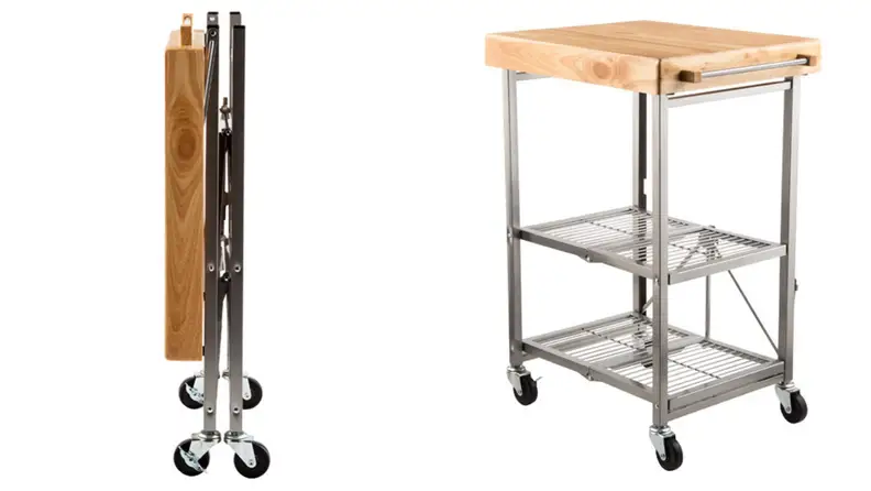 A foldable kitchen cart.