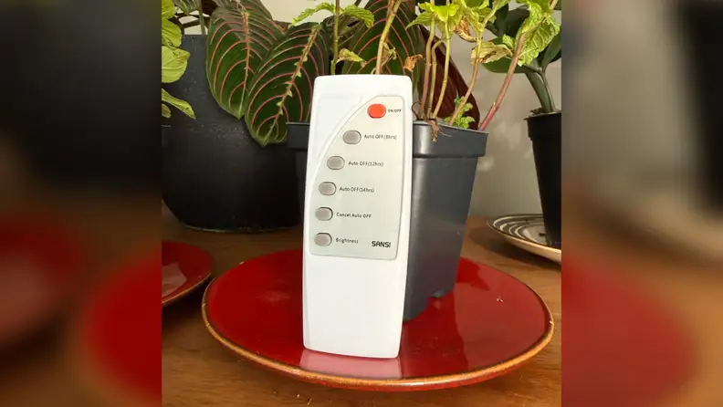 Sansi LED 100W Tall Standing Grow Light remote shown on a red plate on top of a wooden surface.