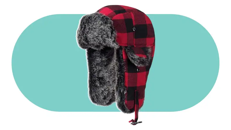 A buffalo plaid aviator hat with fur-lined ear flaps.