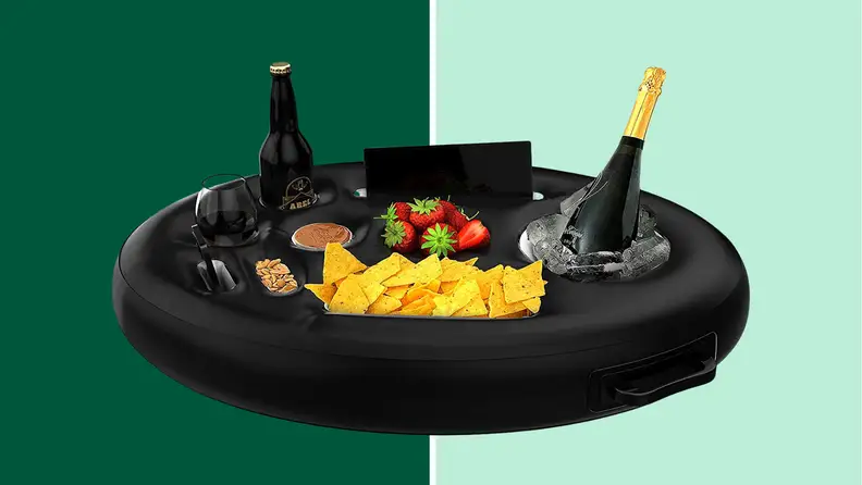 An inflatable tray against a teal and green background.