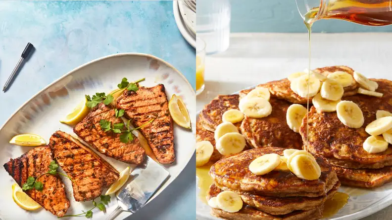 Side-by-side shots of grilled chicken and pancakes.