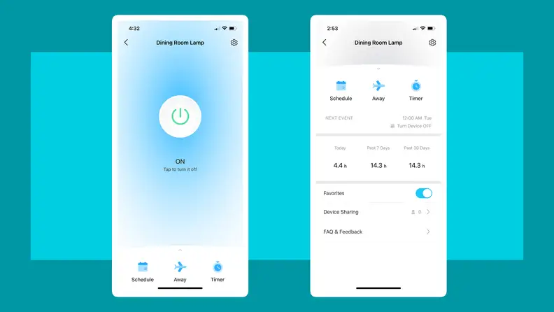 On left, screenshot from the Tapo smart app that is controlling functions of a nearby lamp. On right, screenshot from the Tapo app that displays the wattage usage of a nearby lamp.