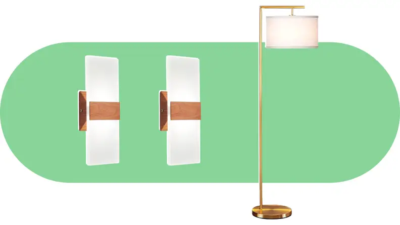Two rectangle wall-mounted lights with wood accents next to a gold floor lamp with a white lamp shade.