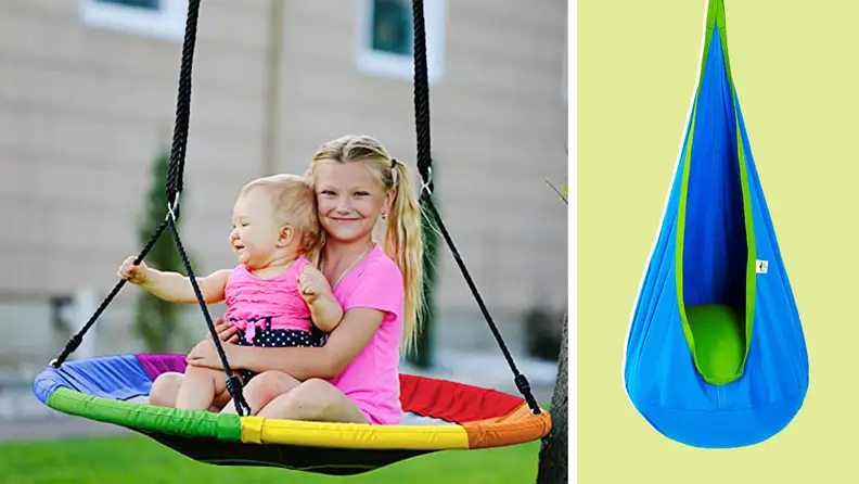 The Royal Oak saucer and Outree sensory swings in a side-by-side image