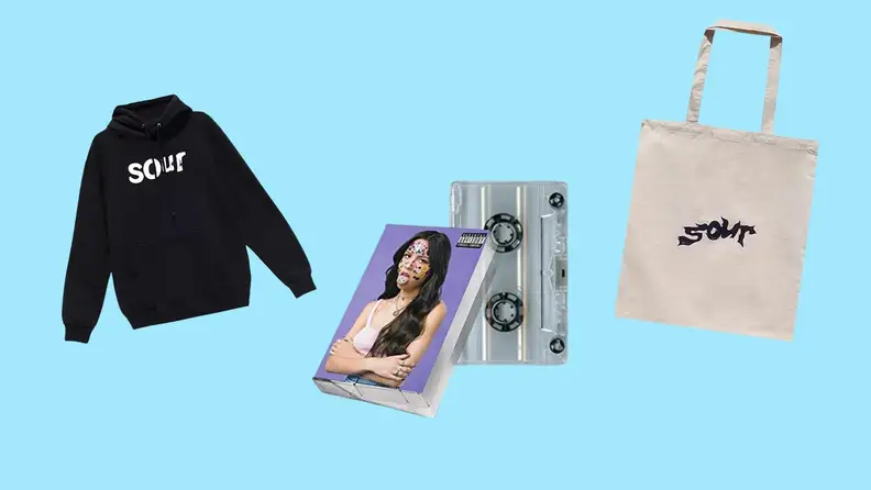 SOUR hoodie, album cover cassette tape, and SOUR bag