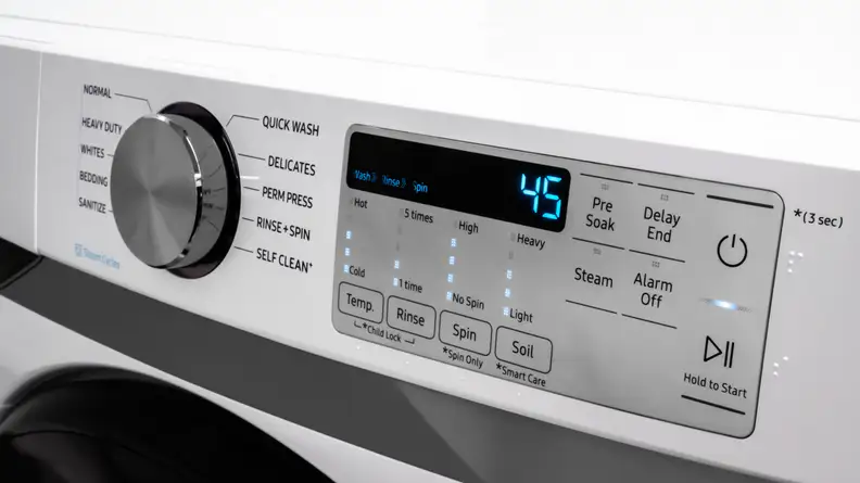 The control panel and touchpad for the Samsung WF45R6100AW washer.