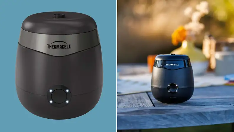 On left, black Thermacell E55 Rechargeable Mosquito Repeller device next to device sitting on top of wooden picnic table outdoors on sunny day.