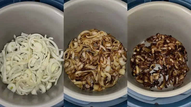 Three progressive shots of raw onions being cooked down into a fully sautéed state while in the Our Place Dream Cooker.