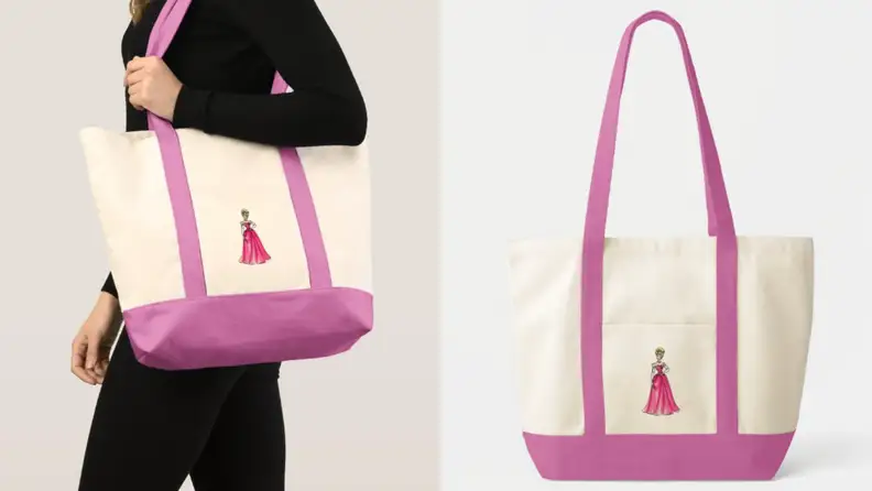 Pink canvas tote bag with and image of Sleeping Beauty.