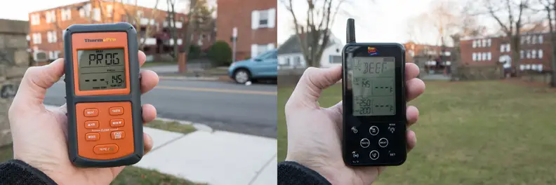 The ThermPro (left) and Maverick (right) both lost their signals at the same time, but the Maverick didn't alert us until twice as far away—leaving a 50-yard dead zone where you might think you're getting temperature data... but you're not.