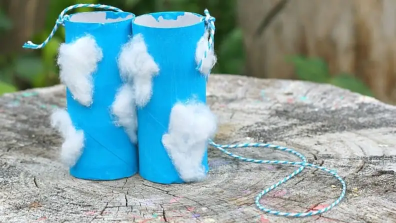 binoculars made of toilet paper rolls painted blue with cotton balls to look like clouds