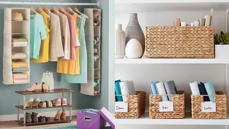 A side-by-side shot of a colorful and organized closet next to a well-organized kitchen.