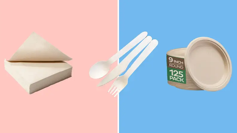 Compostable napkins, utensils and plates.
