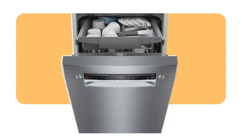 A silver Bosch 300 Series dishwasher on an orange background.