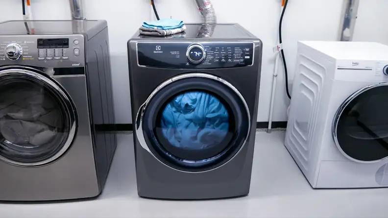 The Electrolux ELFE7637AT dryer set up in our laundry testing lab.