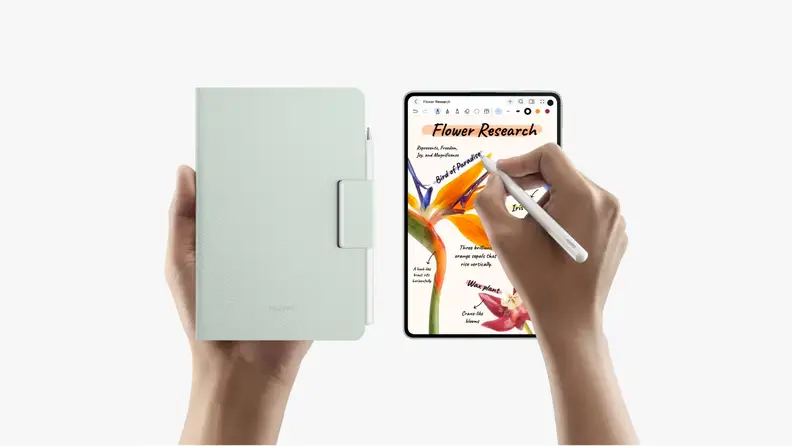 Huawei MatePad Mini tablet shown with stylus and folio cover, demonstrating handwriting and drawing on its display.