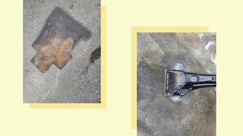 A stain removing device sucks up a stain from a car rug.