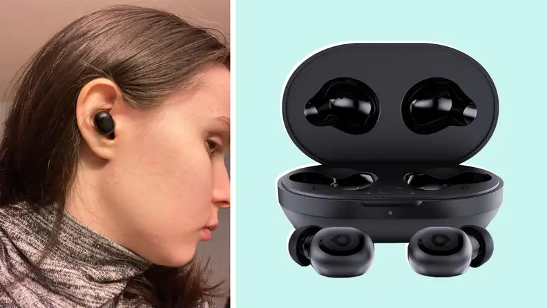 Photo collage of close up shot of person wearing the Link by Eargo hearing aids in ear and the Link by Eargo inside of  their charging case.