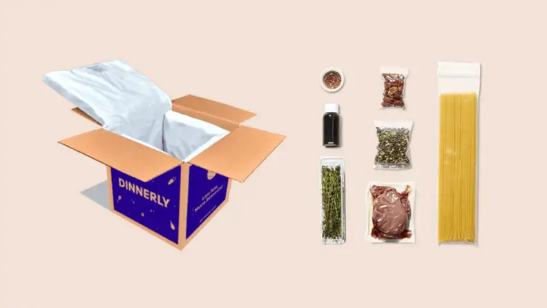 A graphic of a Dinnerly box, open, with Dinnerly products laid out next to the box.