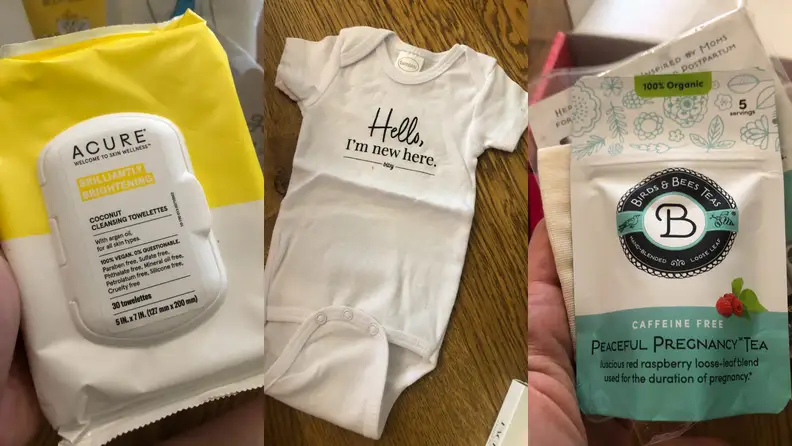Products from a Bump Boxes subscription include cleansing towelettes, a baby garment, and pregnancy tea.