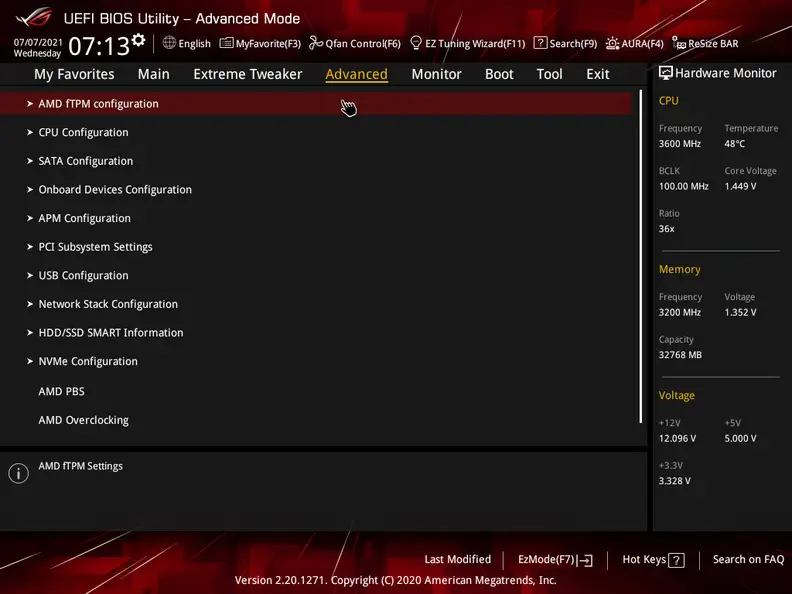 A motherboard BIOS menu