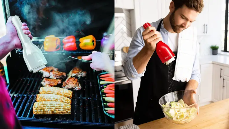 Two photos of people using the FinaMill grinder to season food