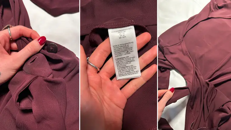 Three images of the fabric and tag of a brown dress.