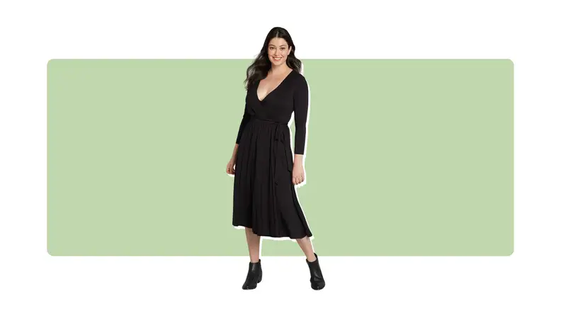 A black wrap dress with a deep V-neckline.