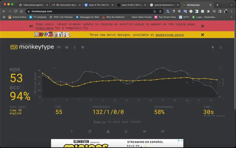 The Monkeytype website giving results from the keyboard typing.