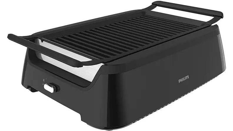A black Philips Indoor Smoke-less Grill viewed from a front right angle.