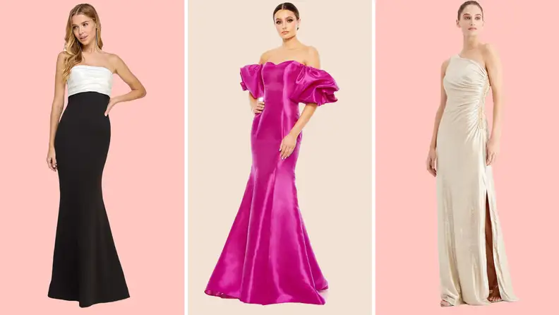 Collage of three prom dresses sold at Macy's.