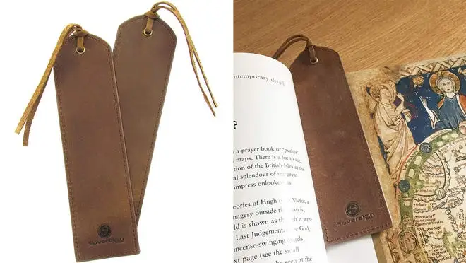 Leather bookmark in a book