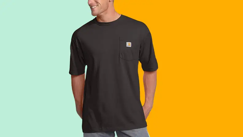 Model wearing black short-sleeved shirt.